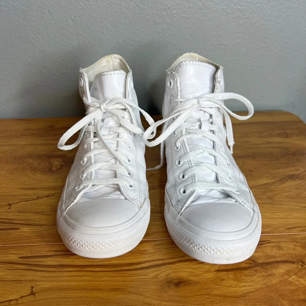 Converse All‎ Star White Leather High Top Sneakers Mens 7.5 Womens 9.5